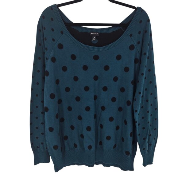 Torrid womens size 2x teal black polka dot boat neck long sleeve cotton sweater - Picture 1 of 8
